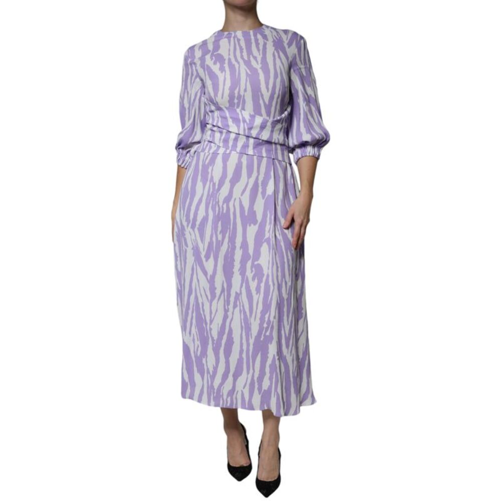 MSGM White Purple Patterned Viscose Short Sleeves Maxi Women's Dress